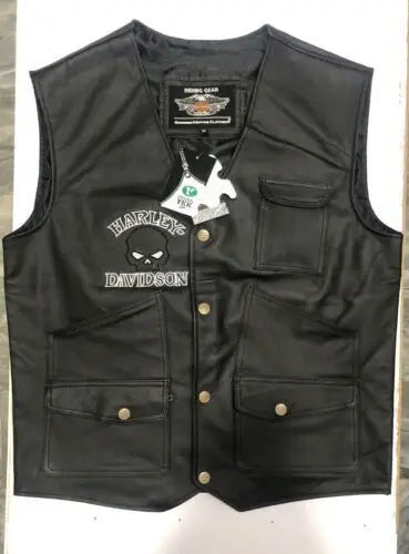 Men's Harley-Davidson Black Reflective Skull Leather Vest – Front View 3