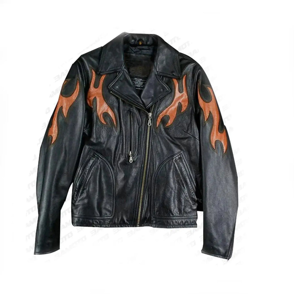 Women's Harley-Davidson Black Leather Biker Jacket with Flame Embroidery