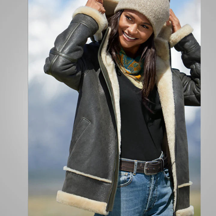 Women's Gunmetal B3 RAF Aviator Shearling Bomber Jacket – Front View 3