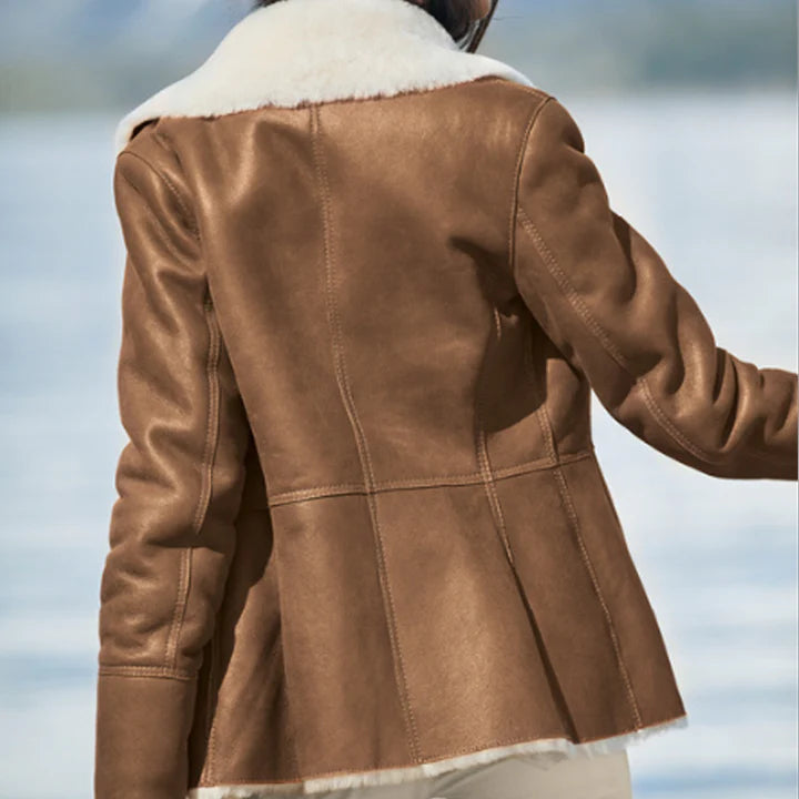 Women's Camel Brown B3 Shearling Aviator Jacket – Front View 3