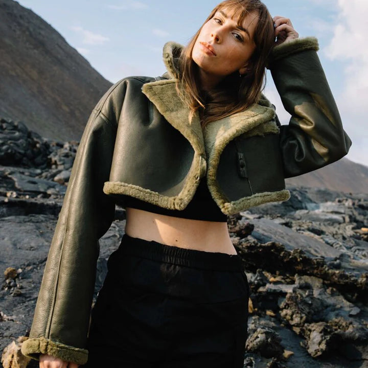 Olive Green Reversible Shearling Jacket – Front View 3