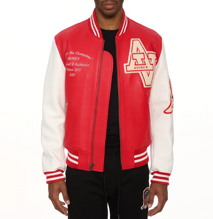 Avirex Red Wildcat Leather Varsity Jacket – Front View 4