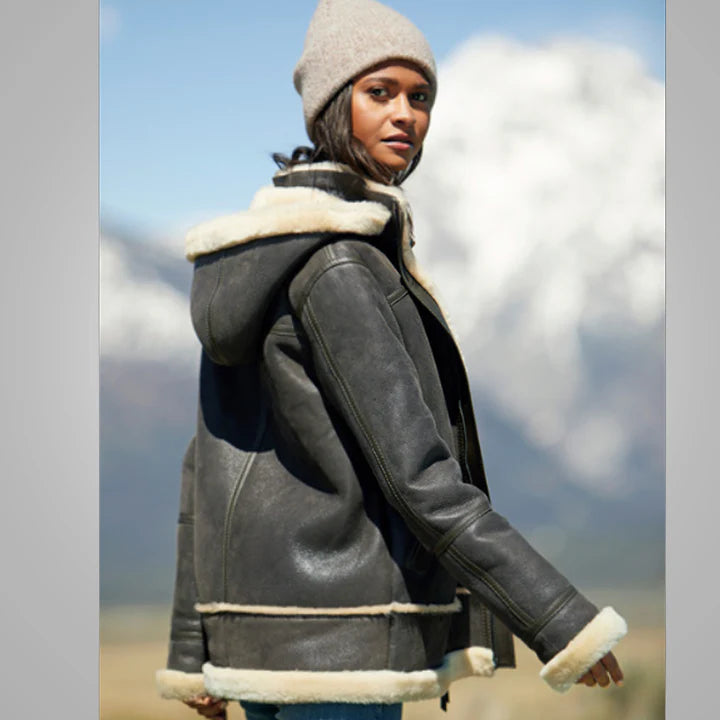 Women's Gunmetal B3 RAF Aviator Shearling Bomber Jacket – Front View 2