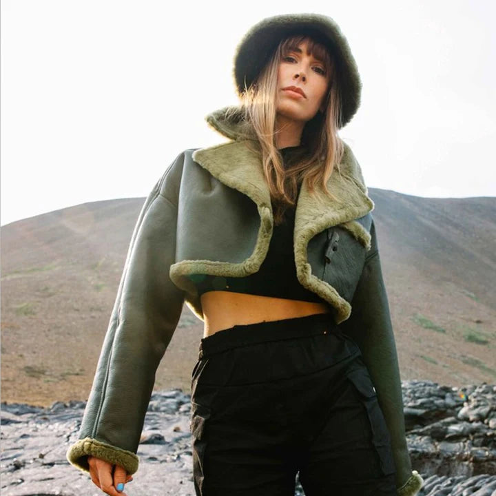 Olive Green Reversible Shearling Jacket – Front View 2