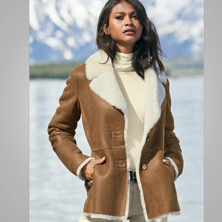 Women's Camel Brown B3 Shearling Aviator Jacket – Front View 2