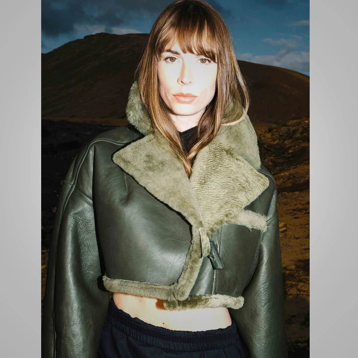 Olive Green Reversible Shearling Jacket – Front View
