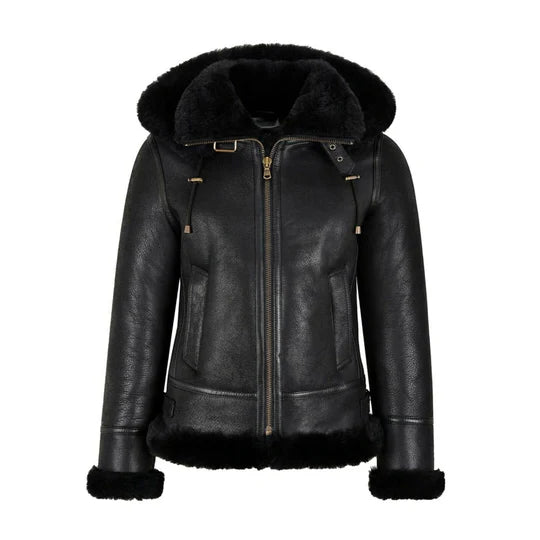 Women's Black B3 Hooded Shearling Bomber Jacket
