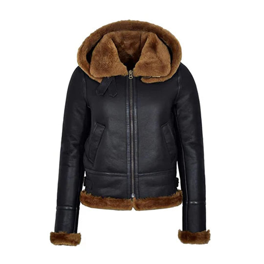 Women's Black Hooded B3 Shearling Flying Jacket