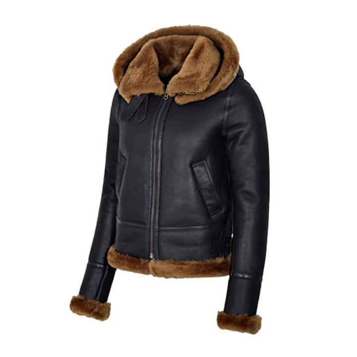 Women's Black Hooded B3 Shearling Flying Jacket – Front View