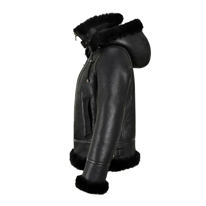 Women's Black B3 Hooded Shearling Bomber Jacket – Front View