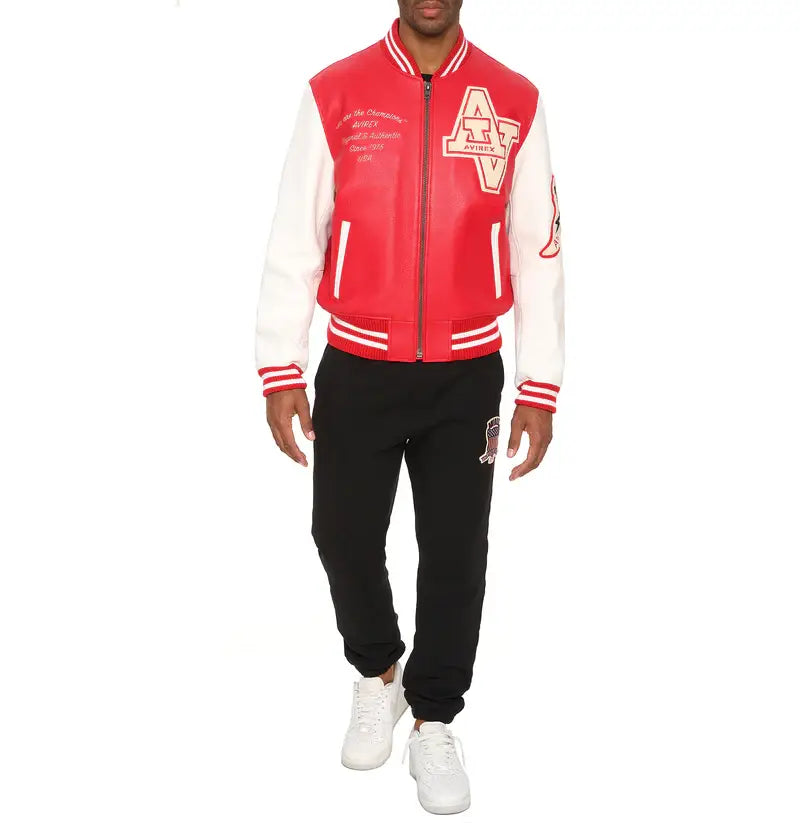 Avirex Red Wildcat Leather Varsity Jacket – Front View
