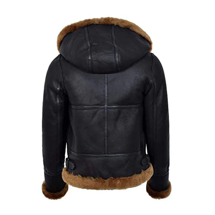 Women's Black Hooded B3 Shearling Flying Jacket – Back View