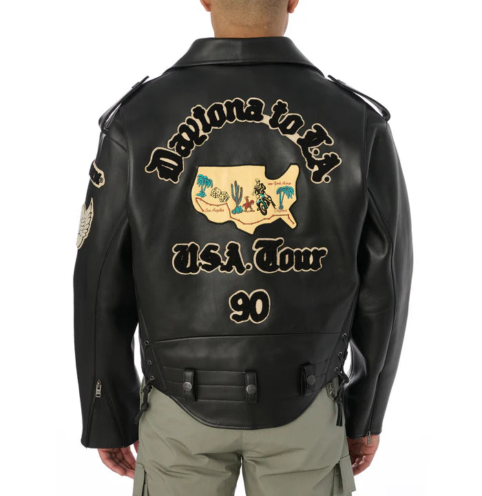 Men's Avirex USA Tour Black Leather Motorcycle Jacket – Back View