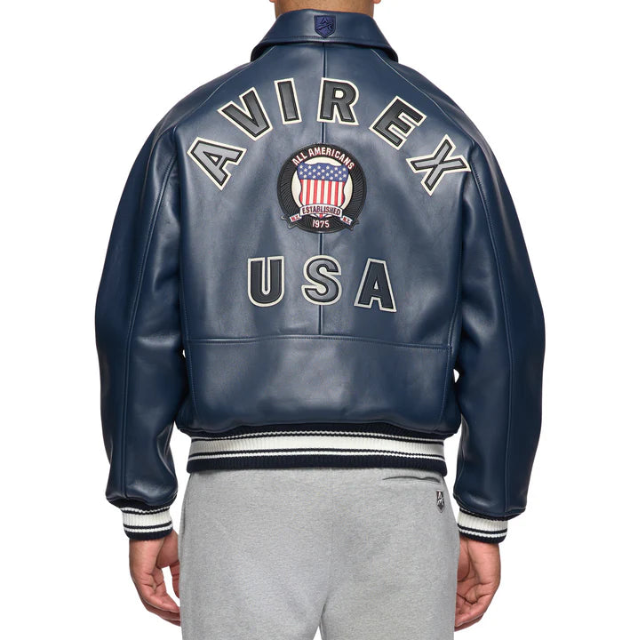 Men's Avirex Navy Blue Icon Leather Bomber Jacket – Back View