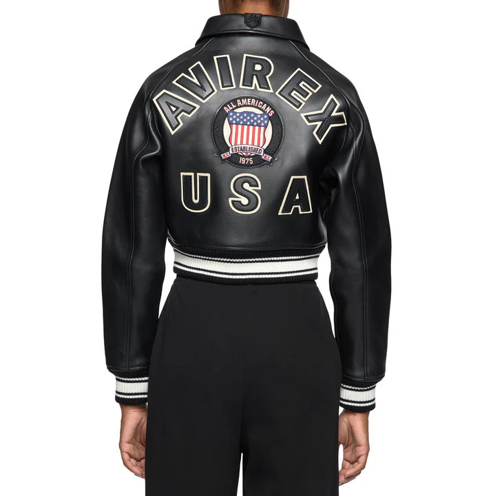 Women's Avirex Jet Black Cropped Leather Bomber Jacket – Back View