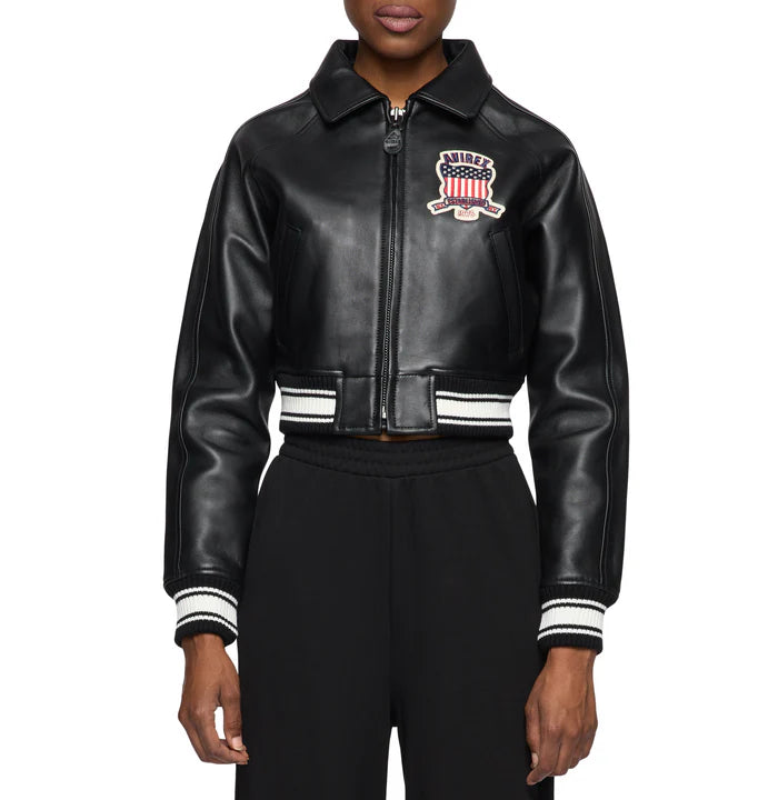 Women's Avirex Jet Black Cropped Leather Bomber Jacket – Front View