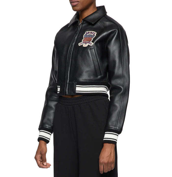 Women's Avirex Jet Black Cropped Leather Bomber Jacket – Side View