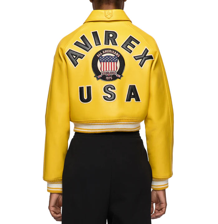 Women's Avirex Gold Cropped Leather Bomber Jacket – Back View