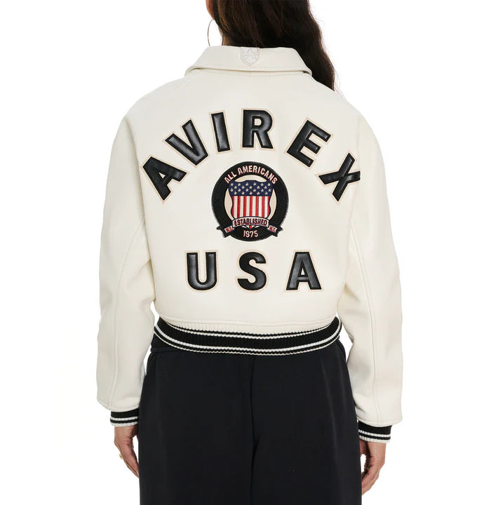 Women's Avirex Snow White Cropped Leather Bomber Jacket – Back View
