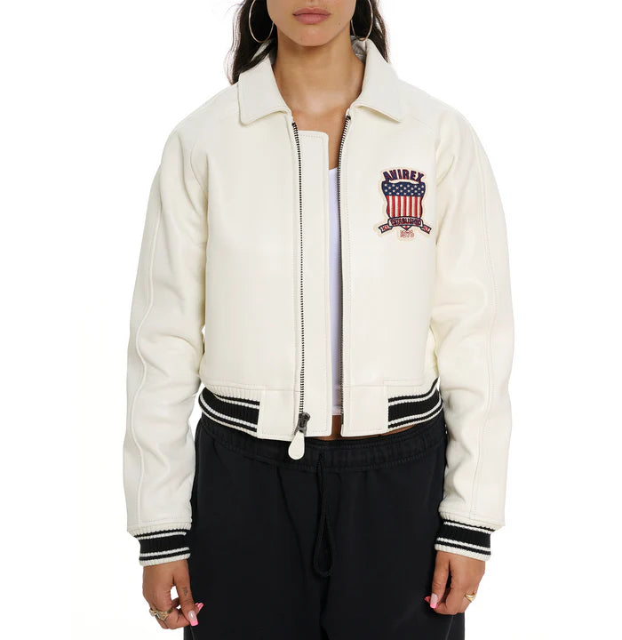 Women's Avirex Snow White Cropped Leather Bomber Jacket – Front View