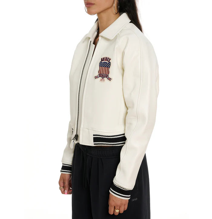 Women's Avirex Snow White Cropped Leather Bomber Jacket – Side View