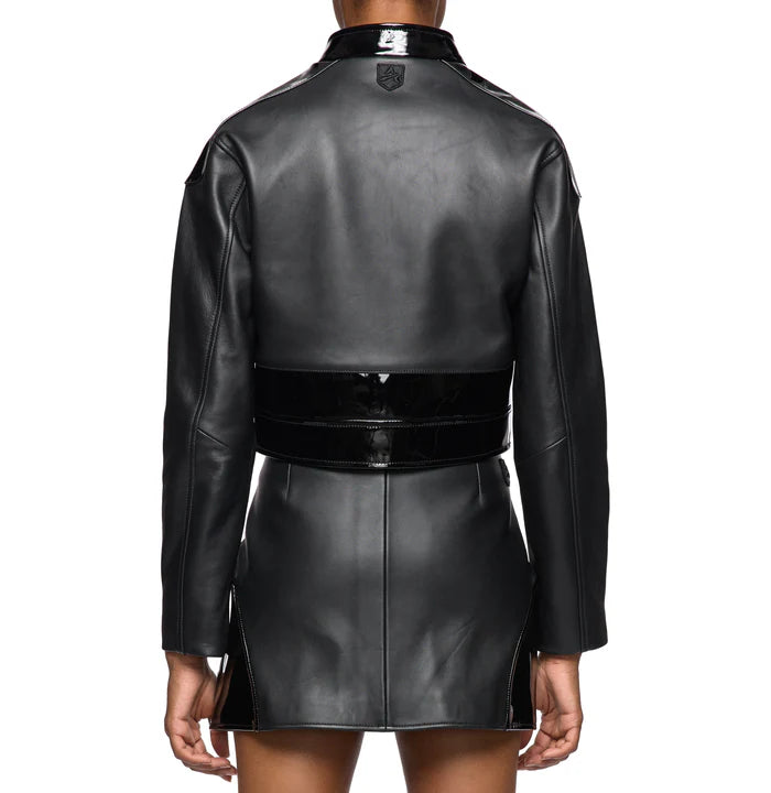 Women's Avirex Black Patent Cropped Leather Moto Jacket – Back View