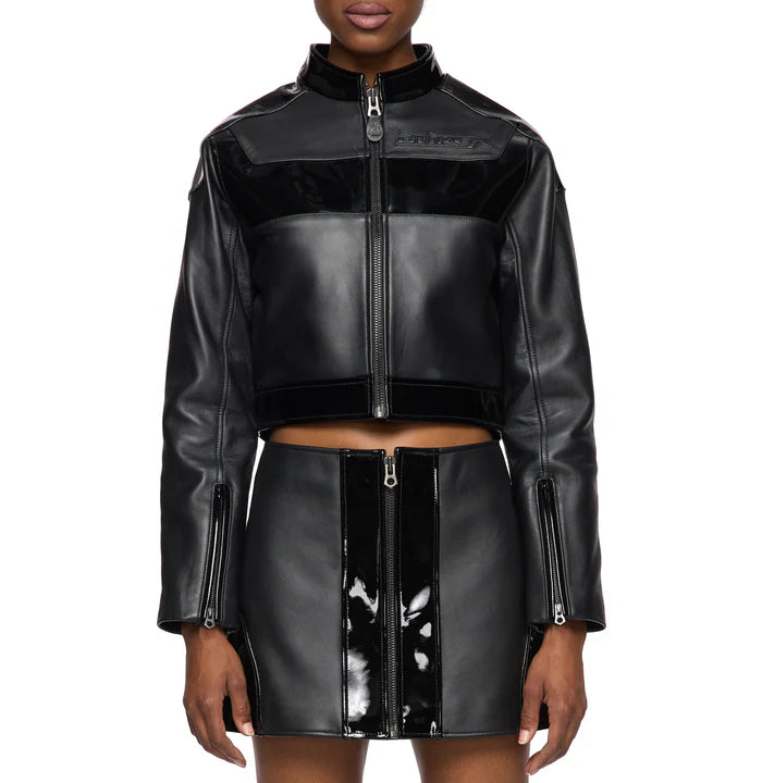 Women's Avirex Black Patent Cropped Leather Moto Jacket – Front View