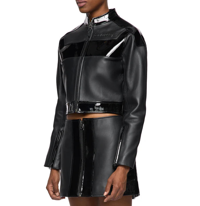 Women's Avirex Black Patent Cropped Leather Moto Jacket – Side View