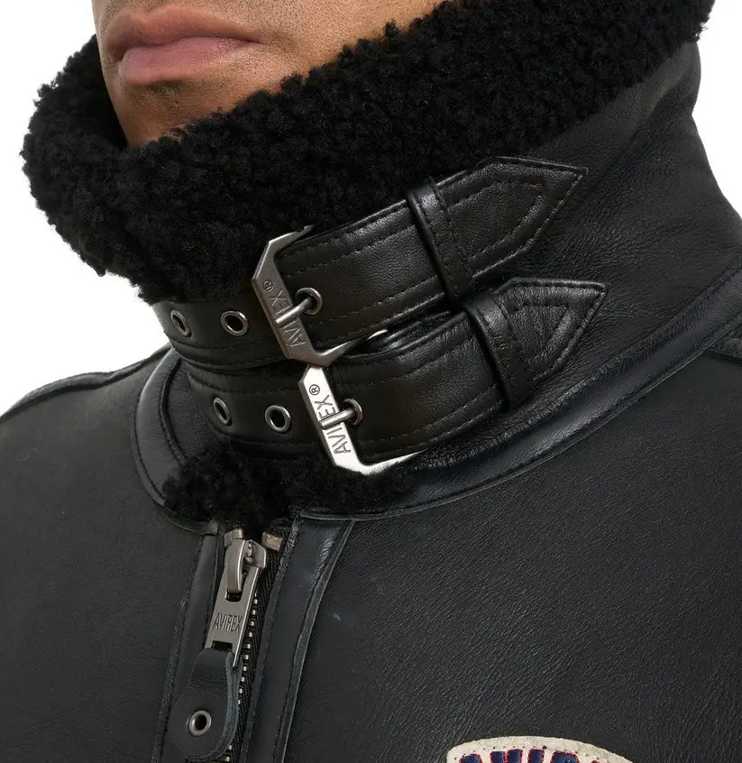 Avirex Black B3 Shearling Leather Jacket – Collar Detail