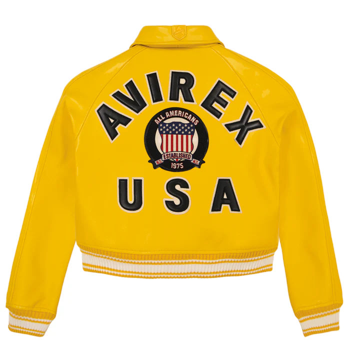 Women's Avirex Gold Cropped Leather Bomber Jacket – Front View