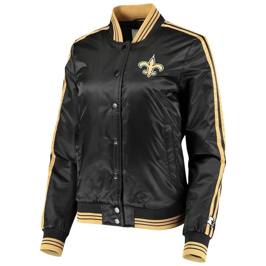 Women's New Orleans Saints Black Starter Overtime Satin Varsity Jacket