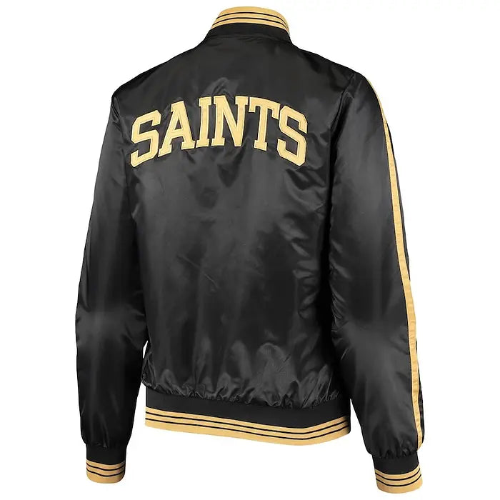 Women's New Orleans Saints Black Starter Overtime Satin Varsity Jacket – Back View