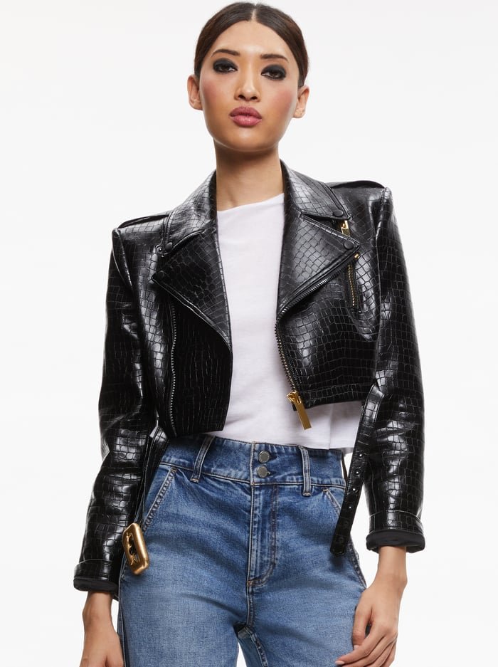 Women's Cropped Crocodile-Embossed Leather Jacket – Front View 3
