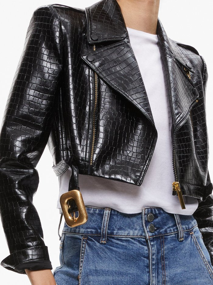 Women's Cropped Crocodile-Embossed Leather Jacket – Front View 2