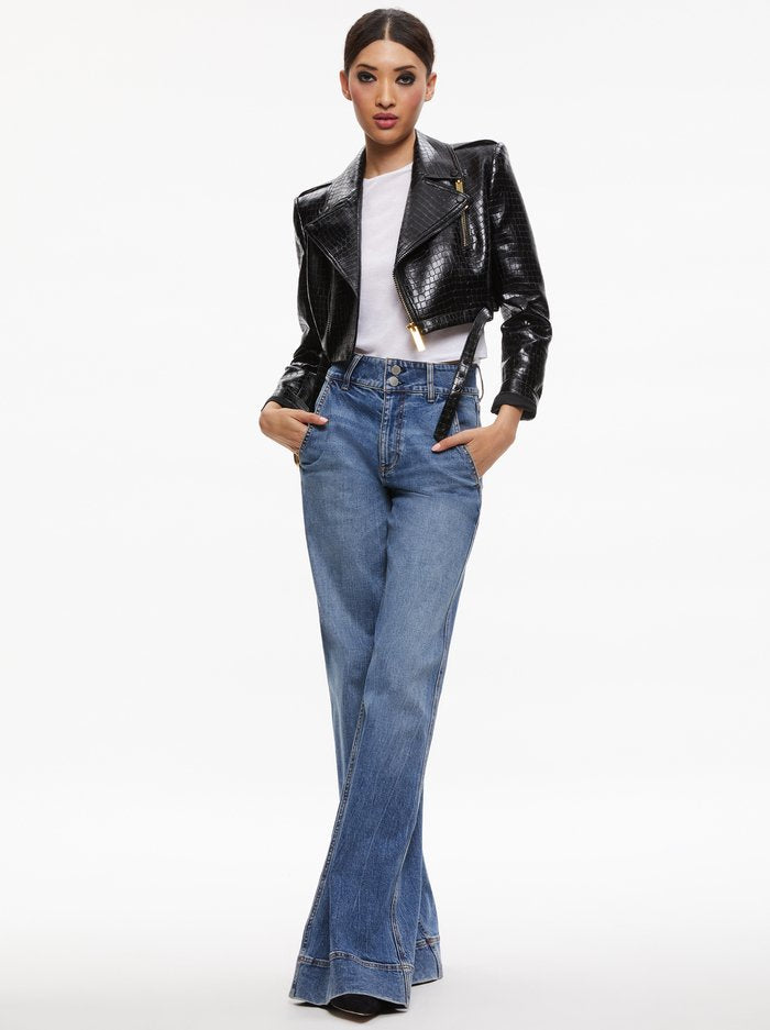 Women's Cropped Crocodile-Embossed Leather Jacket – Front View