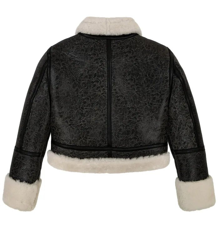 Women's Avirex Cropped Shearling Leather Aviator Jacket – Back View