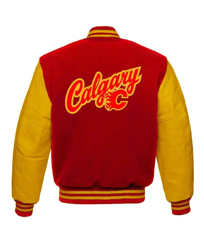 Calgary Flames Red and Gold Unisex Wool Varsity Jacket – Back View