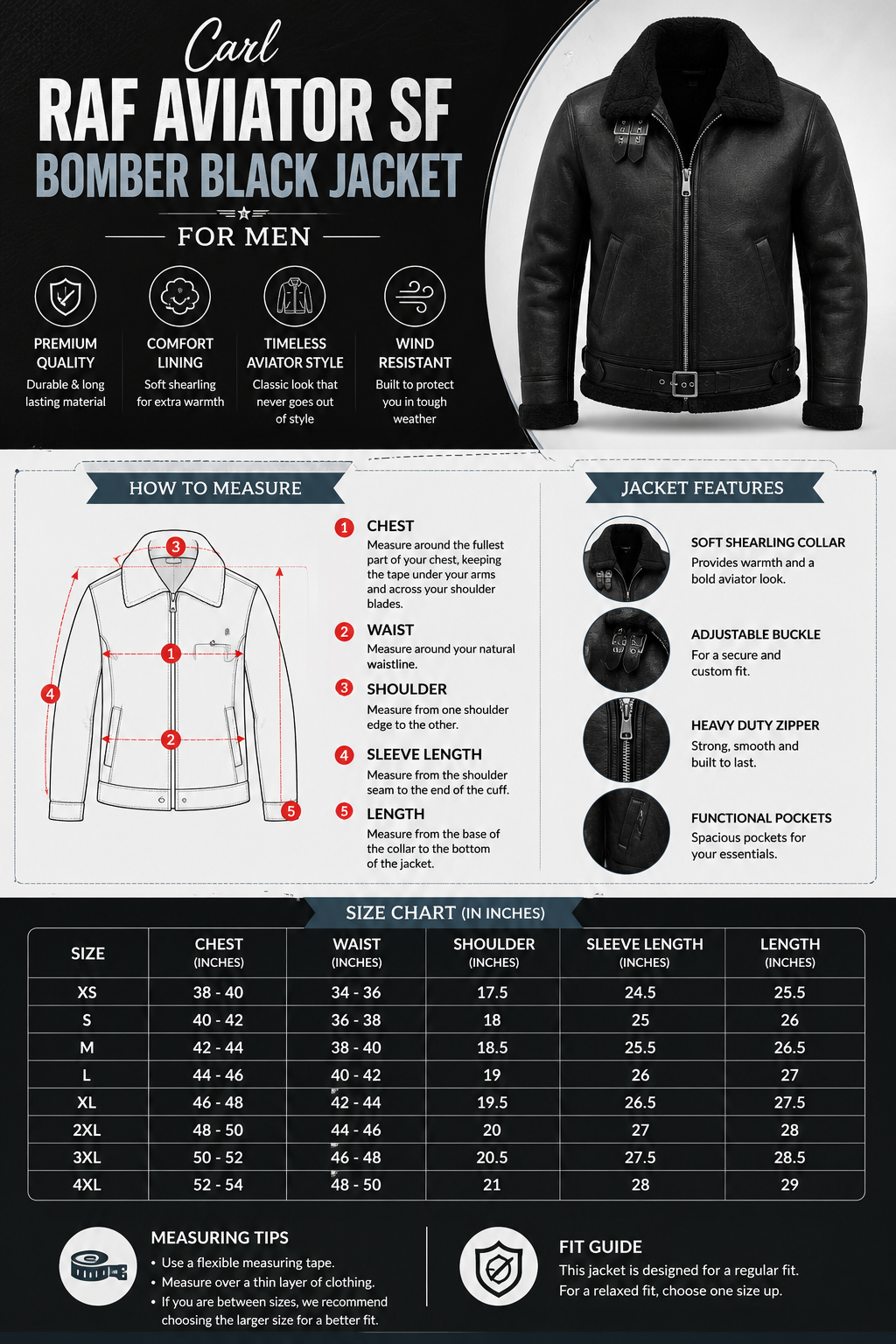 Men's Carl RAF Aviator SF Black Bomber Jacket – Alternate View