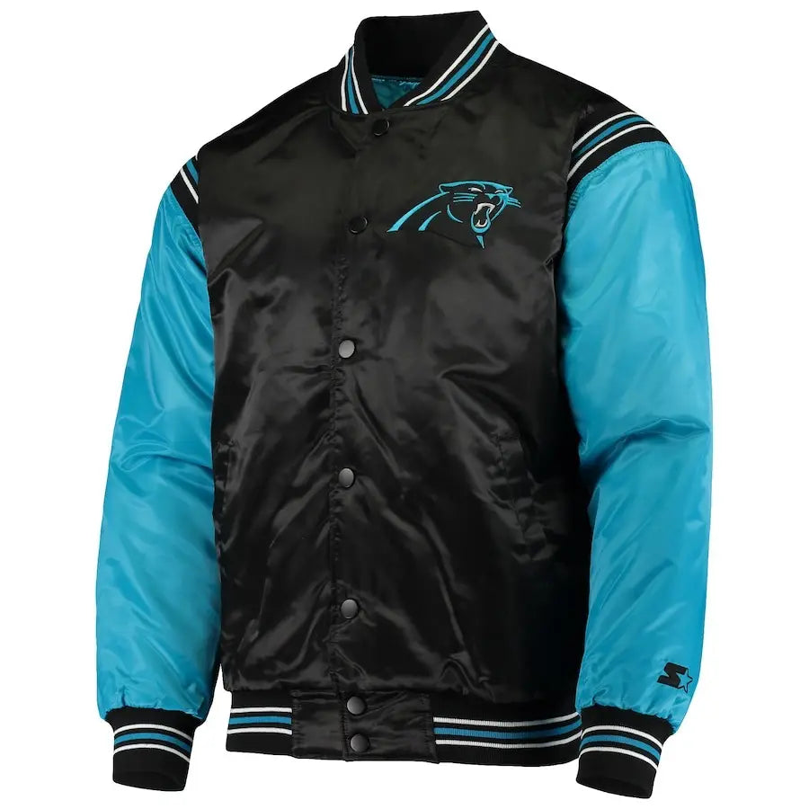 Men's Carolina Panthers Black and Blue Enforcer Satin Varsity Jacket