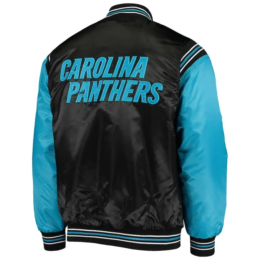 Men's Carolina Panthers Black and Blue Enforcer Satin Varsity Jacket – Back View