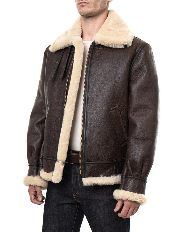 Classic B-3 Sheepskin Leather Bomber Jacket – Front View 2
