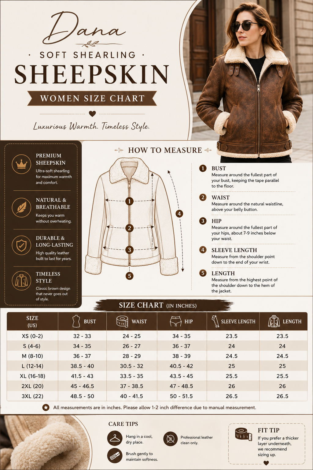 Women's Dana Brown Soft Shearling Sheepskin Leather Jacket – Alternate View 2