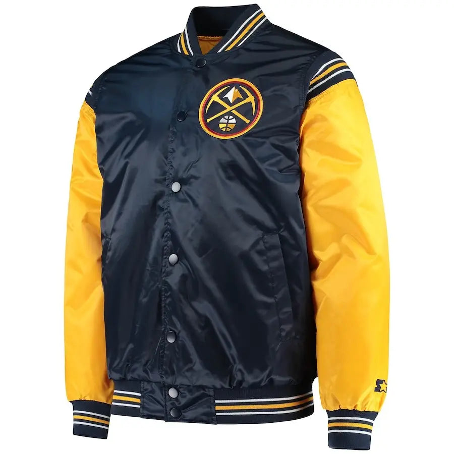 Denver Nuggets Navy and Gold Starter Enforcer Satin Varsity Jacket