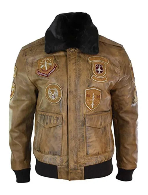 Men's Devin Tan Brown Aviator Bomber Jacket with Patches