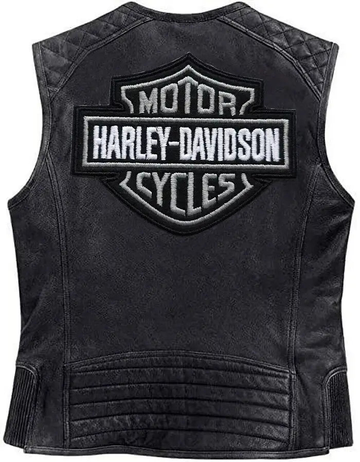 Men's Harley-Davidson Black Leather Biker Vest with 4 Front Pockets – Back View