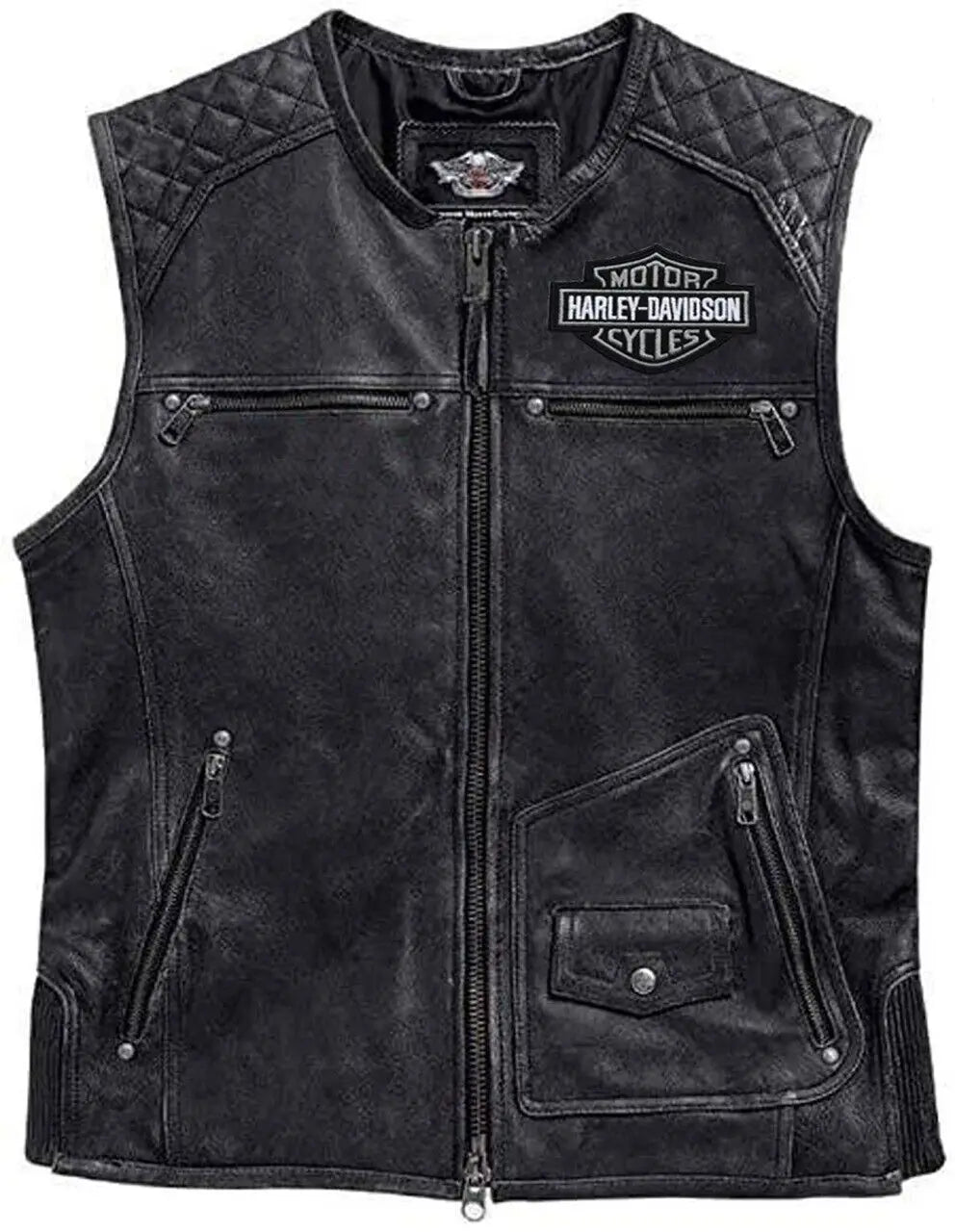 Men's Harley-Davidson Black Leather Biker Vest with 4 Front Pockets