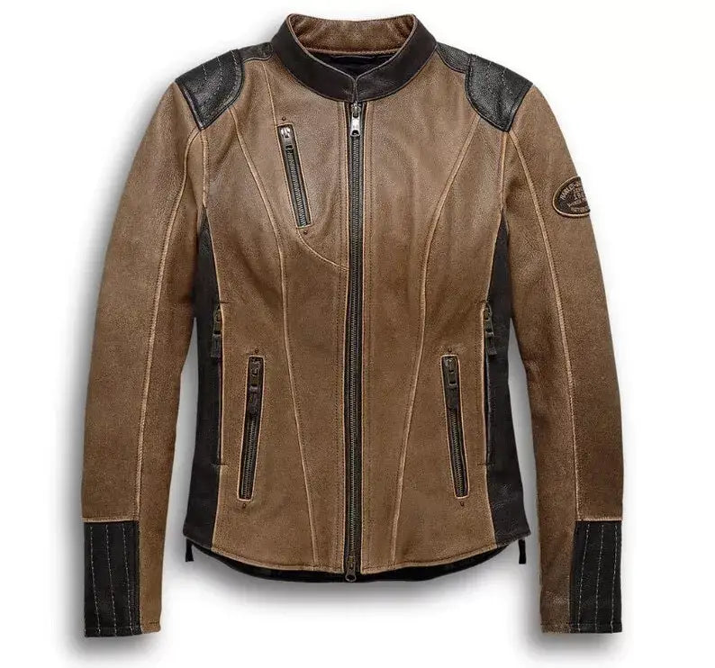 Women's Harley-Davidson Gallun Brown Triple Vent Leather Jacket – Front View