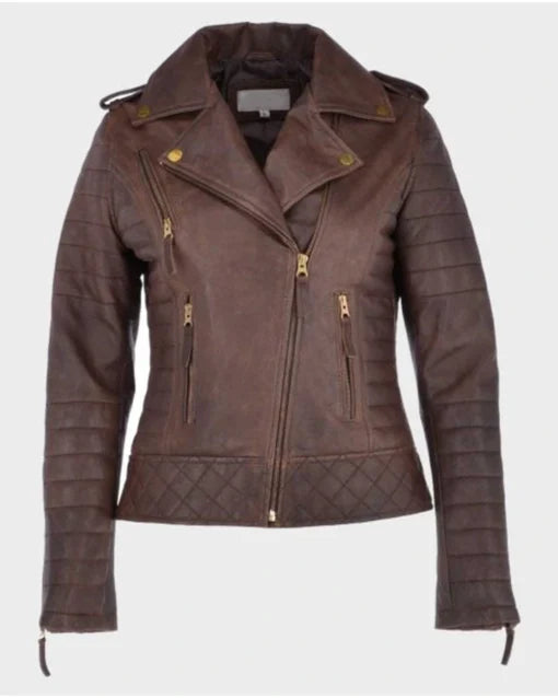 Women's Kara Brown Distressed Leather Biker Jacket