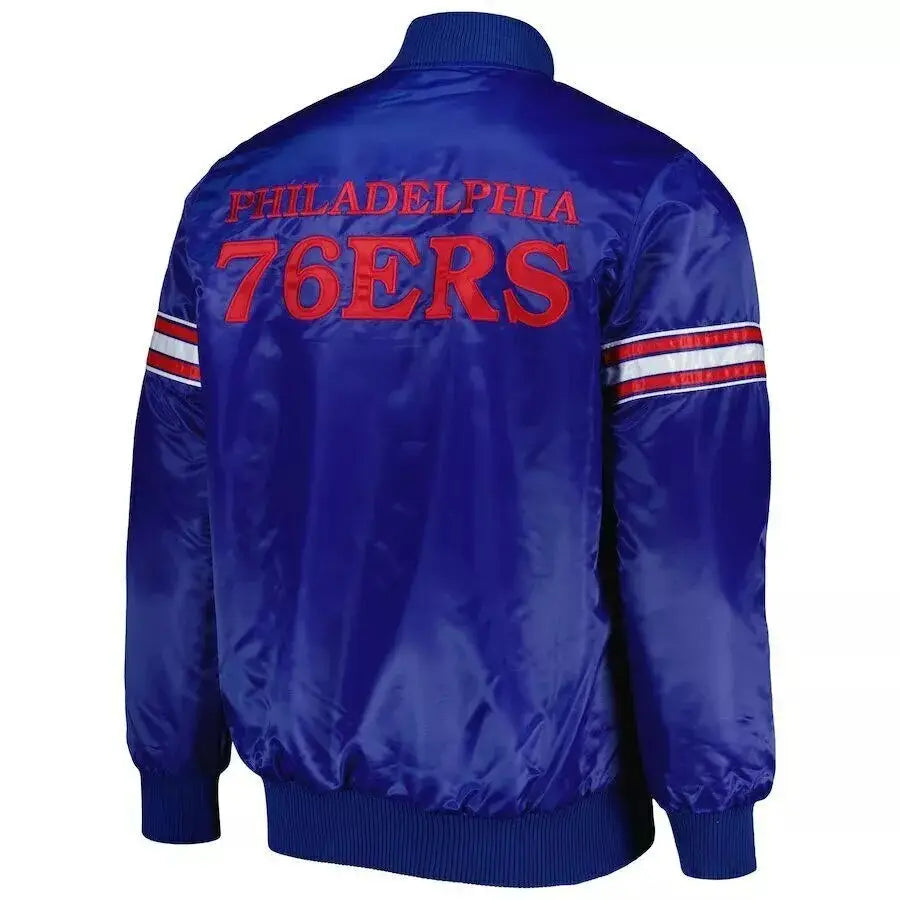 Philadelphia 76ers Satin Letterman Varsity Bomber Jacket – Back View