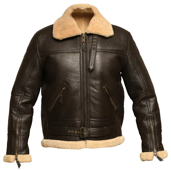 Men's Brown B3 RAF Aviator Sheepskin Shearling Bomber Jacket – Front View